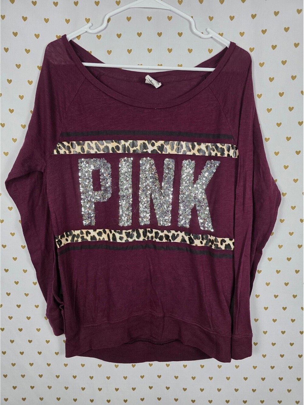 Victorias Secret PINK Bling Sequin Leopard Stripe Long Sleeve Tee shirt MEDIUM